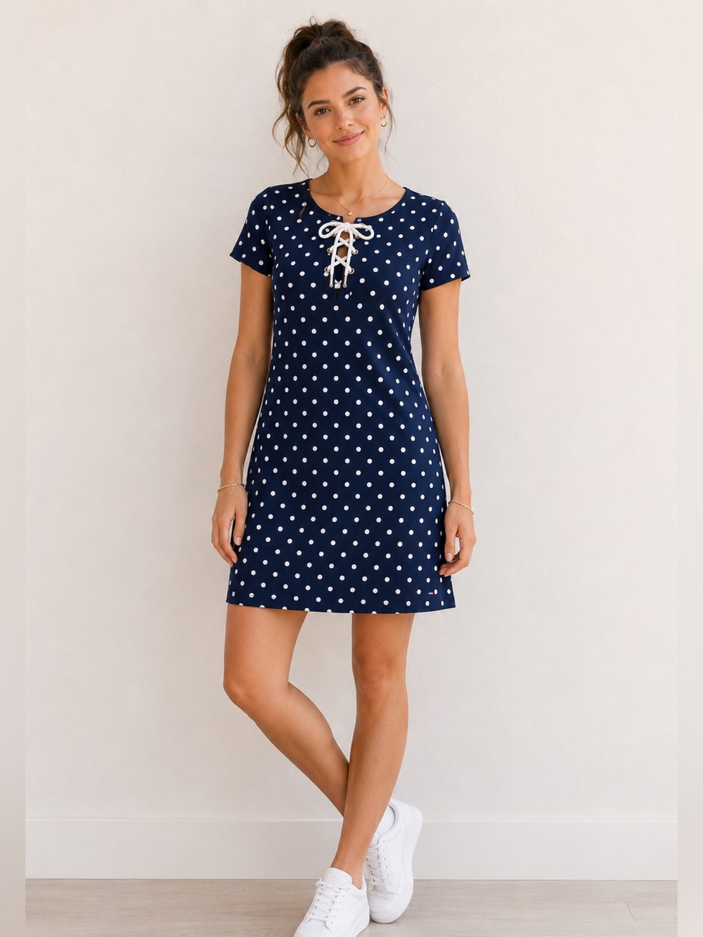 Tommy Hilfiger Navy Polka Dot Dress XL | Lace-Up Neck | Short Sleeve Shift